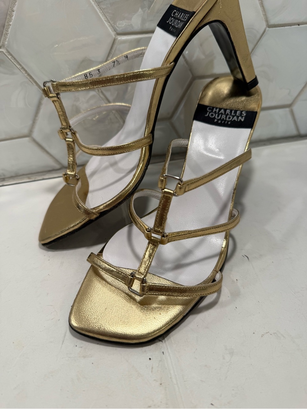 Vintage Charles Jourdan Paris Metallic Gold Strappy Sandals Block Heel Sz 7.5
